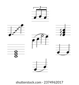 Símbolo de relaciones de nota establecido aislado en fondo blanco. Símbolo musical. Notación musical. Flashcard para aprender música.