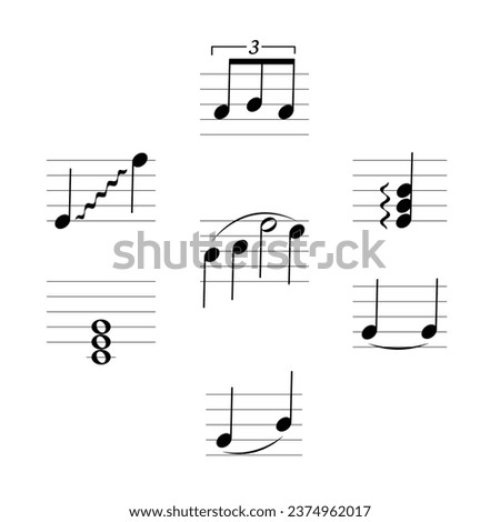 Note relationships symbol set isolated on white background. Musical symbol. Musical notation. Flashcard for learning music.