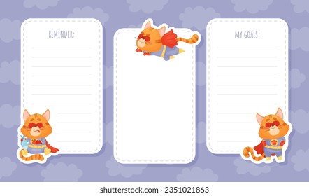 Note and Reminder Card with Cat Superhero Vector Template