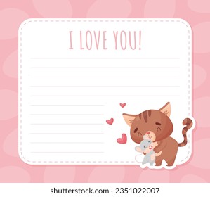 Note and Reminder Card with Cute Friendly Cat and Mouse Vector Template
