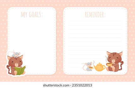 Note and Reminder Card with Cute Friendly Cat and Mouse Vector Template