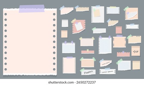 Lembrete de nota com etiqueta adesiva clipe de papel bloco de memorandos cartão postal fundo branco carta rasgada escritório papelaria fita adesiva pino placa clipe botão papel vetor bloco de notas definir boletim de design

