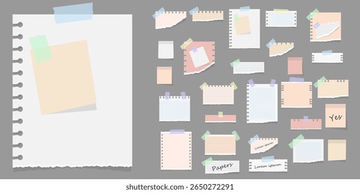 Lembrete de nota com etiqueta adesiva clipe de papel bloco de memorandos cartão postal fundo branco carta rasgada escritório papelaria fita adesiva pino placa clipe botão papel vetor bloco de notas definir boletim de design

