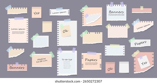 Lembrete de nota com etiqueta adesiva clipe de papel bloco de memorandos cartão postal fundo branco carta rasgada escritório papelaria fita adesiva pino placa clipe botão papel vetor bloco de notas definir boletim de design

