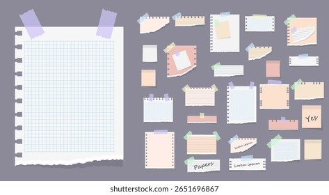 Lembrete de nota com etiqueta adesiva clipe de papel bloco de memorandos cartão postal fundo branco carta rasgada escritório papelaria fita adesiva pino placa clipe botão papel vetor bloco de notas definir boletim de design


