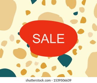 Note sale on terrazzo italian flooring seamless pattern. Chaotic stone particles in mustard and teal color. Banner, poster, card vector illustration.