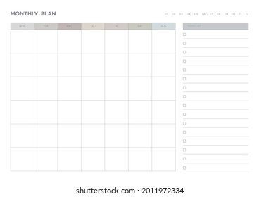Note, scheduler, diary, calendar planner document template illustration. monthly plan form.