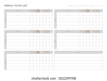 Note, scheduler, diary, calendar planner document template illustration. weekly to do list form.