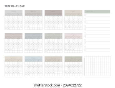 Note, scheduler, diary, calendar planner document template illustration. Calendar form for the year 2022.