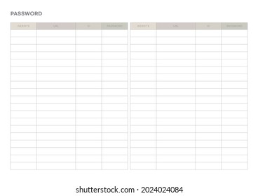 Note, scheduler, diary, calendar planner document template illustration. Website ID and password notepad form.