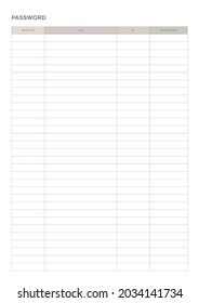 Note, scheduler, diary, calendar planner document template illustration. Website ID and password notepad form.