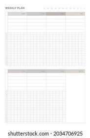 Ilustración de la plantilla de documento de planificador de calendarios, agenda, agenda, agenda, plan de calendario. Formulario de plan semanal.