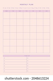 Ilustración de la plantilla de documento de planificador de calendarios, agenda, agenda, agenda, plan de calendario. formulario de plan mensual.