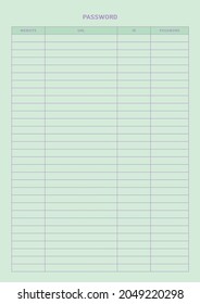 Note, scheduler, diary, calendar planner document template illustration. Website ID and password notepad form.
