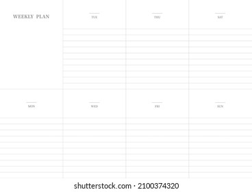 Note, scheduler, diary, calendar planner document template illustration. Weekly plan form.