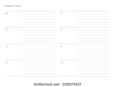 Ilustración de la plantilla de documento de planificador de calendarios, agenda, agenda, agenda, plan de calendario. Formulario de plan semanal.
