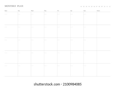 Note, scheduler, diary, calendar planner document template illustration. Monthly plan form.