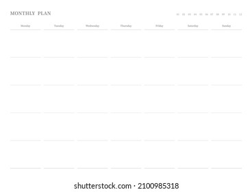 Ilustración de la plantilla de documento de planificador de calendarios, agenda, agenda, agenda, plan de calendario. Formulario de plan mensual.
