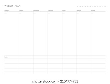 Ilustración de la plantilla de documento de planificador de calendarios, agenda, agenda, agenda, plan de calendario. Formulario de plan semanal.