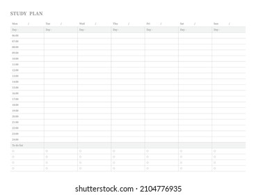 Ilustración de la plantilla de documento de planificador de calendarios, agenda, agenda, agenda, plan de calendario. Formulario del plan de estudio.