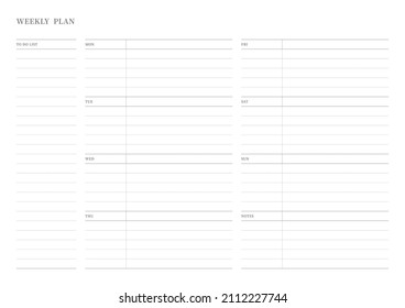 Ilustración de la plantilla de documento de planificador de calendarios, agenda, agenda, agenda, plan de calendario. Formulario de plan semanal.
