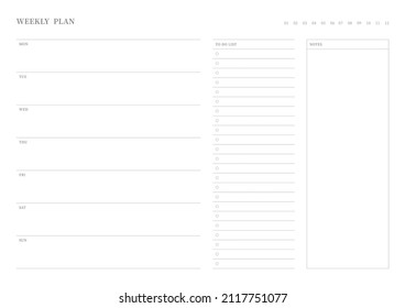 Ilustración de la plantilla de documento de planificador de calendarios, agenda, agenda, agenda, plan de calendario. Formulario de plan semanal.