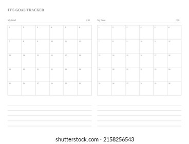 Note, scheduler, diary, calendar planner document template illustration. Goal tracker.