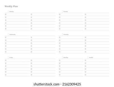 Ilustración de la plantilla de documento de planificador de calendarios, agenda, agenda, agenda, plan de calendario. Plan semanal.