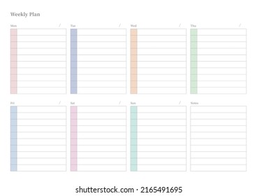 Note, scheduler, diary, calendar planner document template illustration. Weekly plan form.