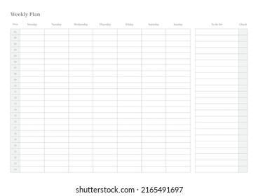 Note, scheduler, diary, calendar planner document template illustration. Weekly plan form.