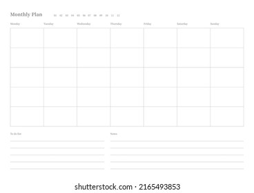 Note, scheduler, diary, calendar planner document template illustration. Monthly plan form.