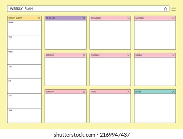 Ilustración de la plantilla de documento de planificador de calendarios, agenda, agenda, agenda, plan de calendario. Plan semanal.