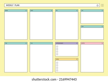 Ilustración de la plantilla de documento de planificador de calendarios, agenda, agenda, agenda, plan de calendario. Plan semanal.