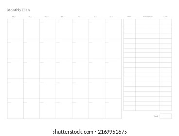 Note, scheduler, diary, calendar planner document template illustration. Monthly plan.