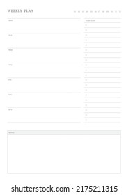Note, scheduler, diary, calendar planner document template illustration. Weekly plan.