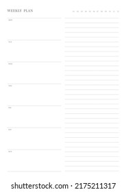 Note, scheduler, diary, calendar planner document template illustration. Weekly plan.