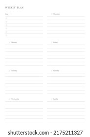 Note, scheduler, diary, calendar planner document template illustration. Weekly plan.