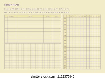 Note, scheduler, diary, calendar planner document template illustration. Study plan form.