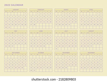 Ilustración de la plantilla de documento de planificador de calendarios, agenda, agenda, agenda, plan de calendario. Formulario del calendario para el año 2022.