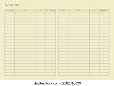 Note, scheduler, diary, calendar planner document template illustration. Website ID and password notepad form.
