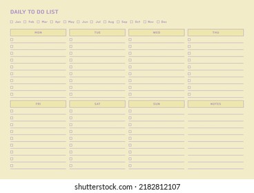 Ilustración de la plantilla de documento de planificador de calendarios, agenda, agenda, agenda, plan de calendario. Formulario de lista diario para hacer.