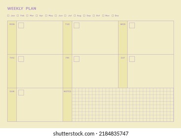 Note, scheduler, diary, calendar planner document template illustration. Weekly plan form.