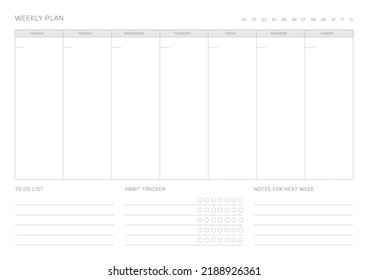 Note, scheduler, diary, calendar planner document template illustration. Weekly plan form.