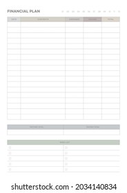 Note, scheduler, diary, planner document template illustration. financial planning form.
