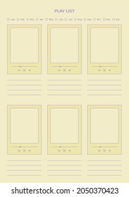 Note, scheduler, diary, planner document template illustration. My music player list.