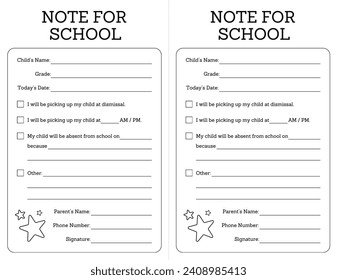 Note For School Printable, Permission Slip, Back To School Clipart, Elementary School Note For Mom