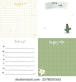 note set : note, good note, to do list, happy note. green yelow cute