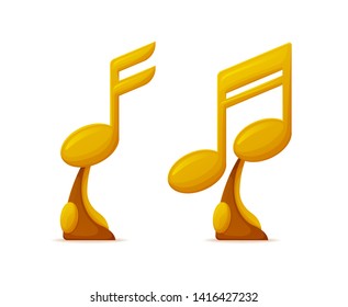 Note shaped music awards, gold trophy cups vector. Musical art achievement, singers and composers talent reward for best song, melody or composition