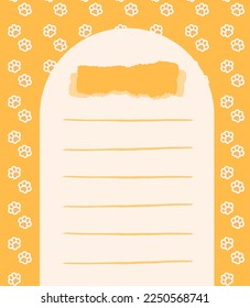 Note sheet. Cute paper. Animal paws on background.
Blank for the planner.