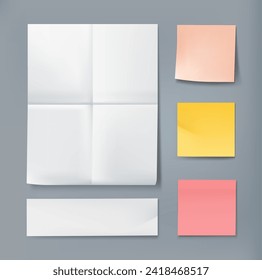 Note sheet. Notebook page. Folded reminder. Sticky memo with creases. Empty notepad. Office stationery. Write important message. Crumpled notice piece. Color memory sticker. Vector blank notepaper set